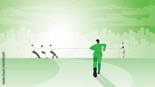 Back view of a businessman runs aim to target goal. to help a team pull a rope in tug of war. Business competition with cyborg, human vs AI, technology, contest of career, competing at work concept.