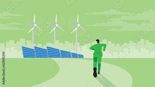 Back view of businessman runs aim to target goal. Wind turbine generator power windmill with solar cells. ESG, Renewable, Alternative, Sustainable Environmental policy, and Carbon footprint reduction.