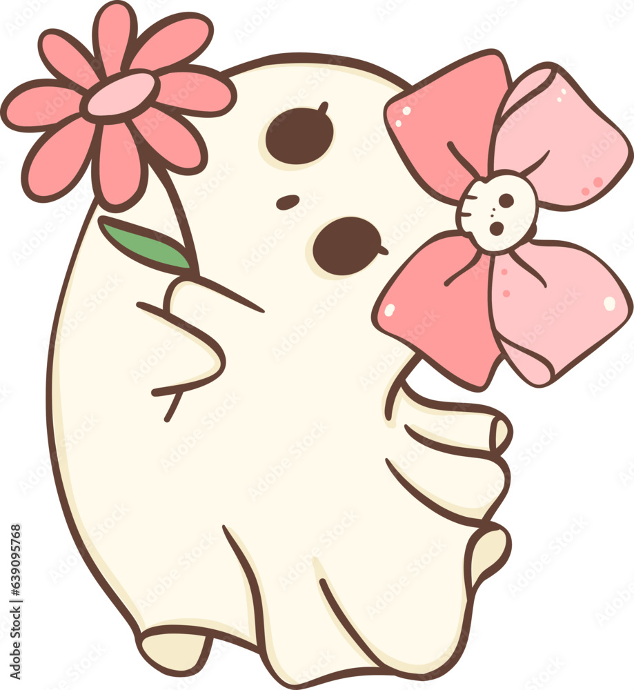 Cute Pink Halloween ghost girl with flower cartoon doodle Stock Vector ...