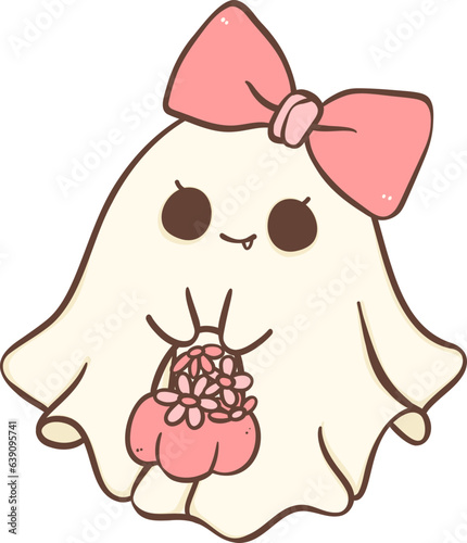 Cute Pink Halloween ghost girl with flower cartoon doodle 