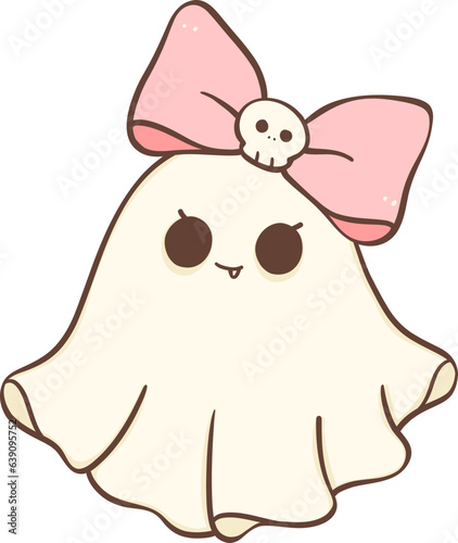Cute Pink Halloween ghost girl with bow cartoon doodle 