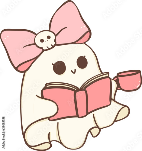 Cute pink Halloween ghost girl with book and coffee cartoon doodle 