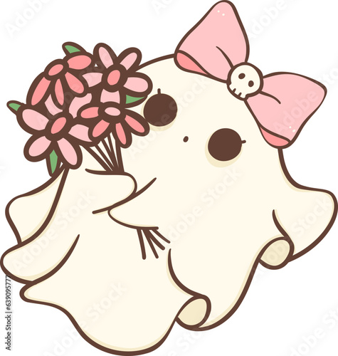 Cute Pink Halloween ghost girl with flower cartoon doodle 