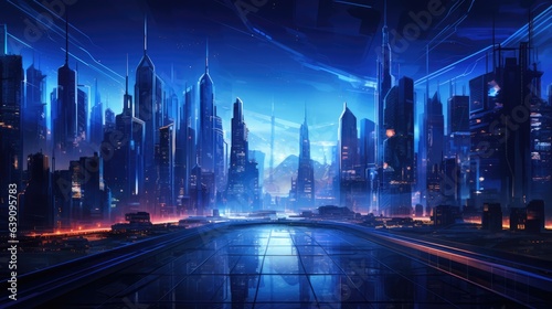The night market has neon lights and bridges over the water. futuristic lighting city building illustration