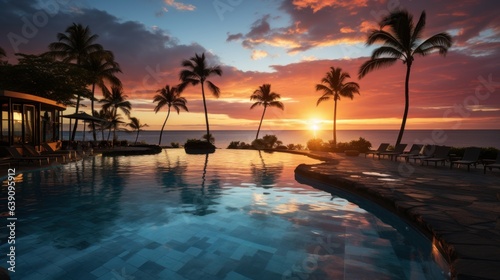 Luxury pool sunset, palm tree silhouette with windy infinity pool water surface. Summer vacation, holiday template. Stunning sky, beachfront hotel resort at tropical landscape tranquil.