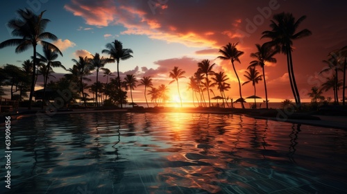 Luxury pool sunset, palm tree silhouette with windy infinity pool water surface. Summer vacation, holiday template. Stunning sky, beachfront hotel resort at tropical landscape tranquil.