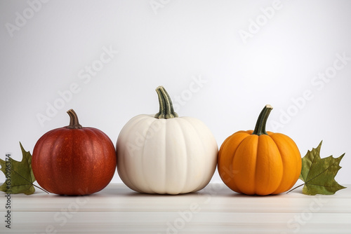 An image of pumpkins and autumn leaves are arranged on a white wooden wooden base - Generative AI