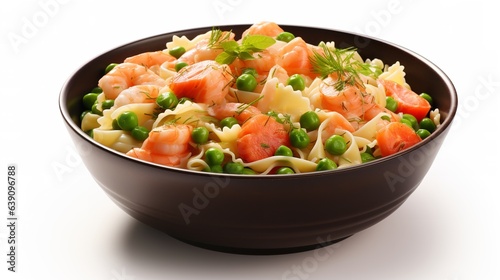 Bowl of Farfalle pasta with seafood, cherry tomatoes and green peas isolated on a white background