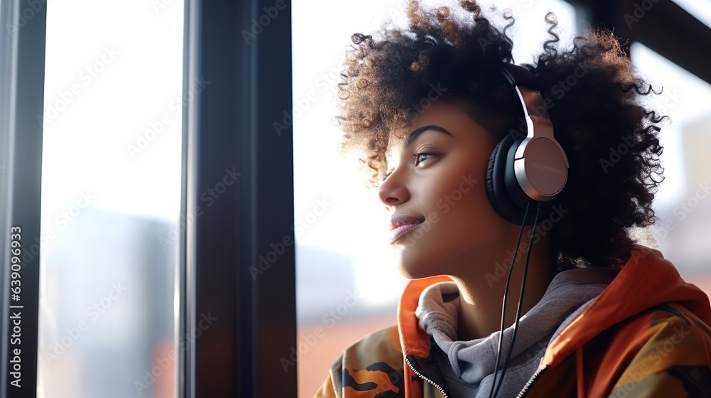 African Black ethnic teenage girl generation z student with short hair sitting indoors, wearing headphones - obrazy, fototapety, plakaty 
