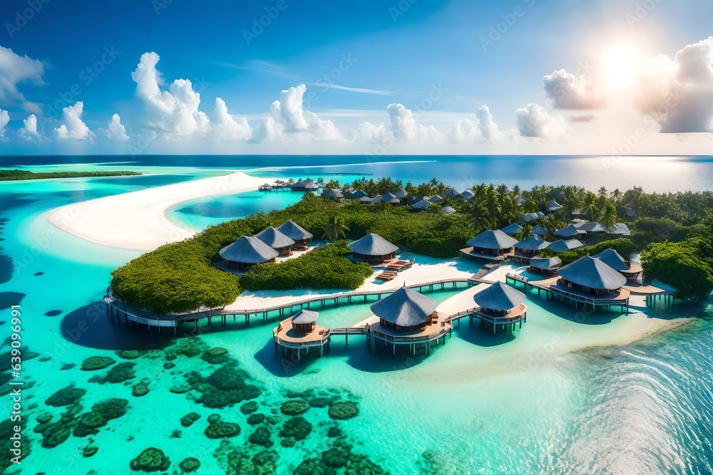 sunset on the beach, beach sunset, Amazing sunset panorama at Maldives. Luxury resort villas seascape with soft led lights under colorful sky. Beautiful twilight sky and colorful clouds. Beautiful sea