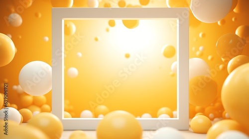 Abstract summer background with light mock up square in the middle and yellow balls flying around 3D Rendering