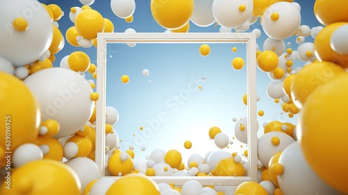 Abstract summer background with light mock up square in the middle and yellow balls flying around 3D Rendering