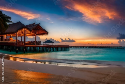 sunset on the beach, beach sunset, Amazing sunset panorama at Maldives. Luxury resort villas seascape with soft led lights under colorful sky. Beautiful twilight sky and colorful clouds. Beautiful sea © Mehram