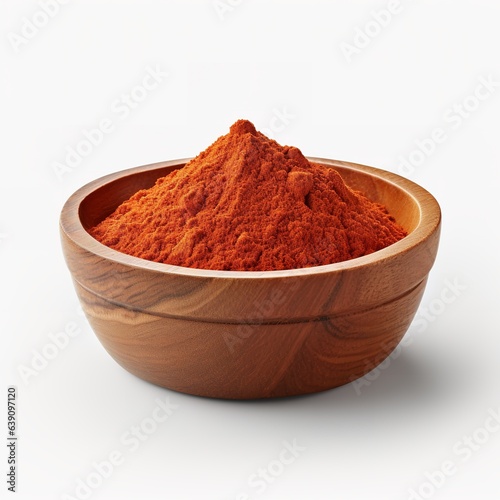 Dried and ground paprika in wooden bowl isolated