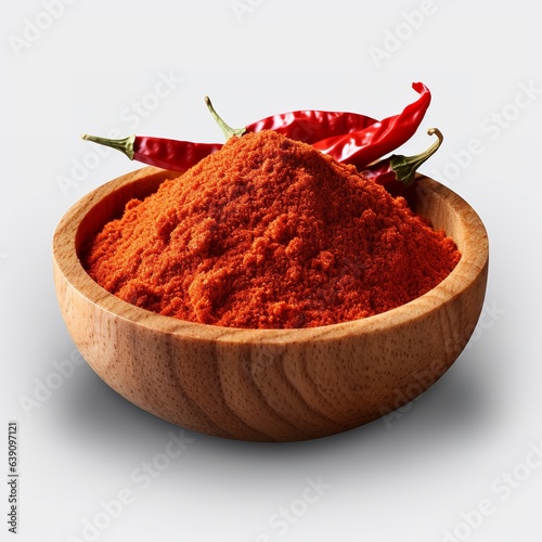 Dried and ground paprika in wooden bowl isolated