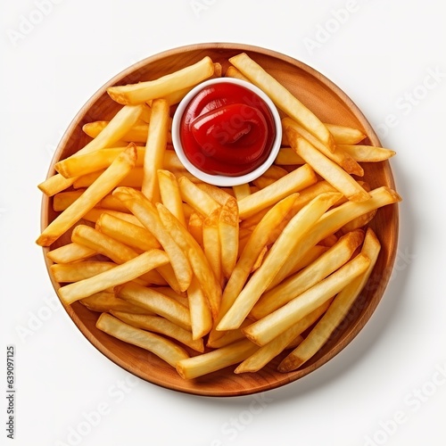 French fries or potato chips with ketchup top view Isolated