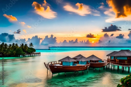 sunset on the beach, beach sunset, Amazing sunset panorama at Maldives. Luxury resort villas seascape with soft led lights under colorful sky. Beautiful twilight sky and colorful clouds. Beautiful sea