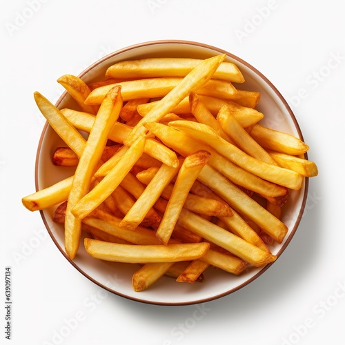 French fries or potato chips with ketchup top view Isolated