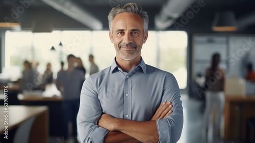 Happy confident mature latin business man standing in office hall