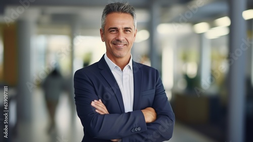 Happy confident mature latin business man standing in office hall