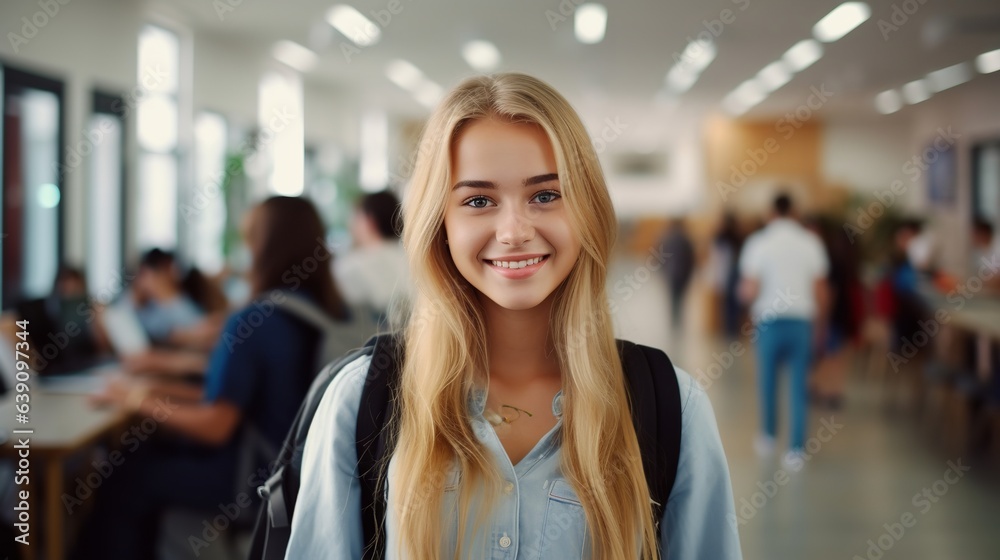 Smiling cute pretty blond girl, positive female teenage high school student holding backpack Smiling cute pretty blond girl, positive female teenage high school student holding backpack
