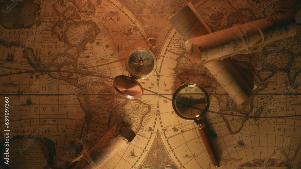 Compass and magnifier on a old vintage world map with countries and continents. Retro style. Concept of geography or global history and cartography. Wars of conquest and navigation. 4K ProRes