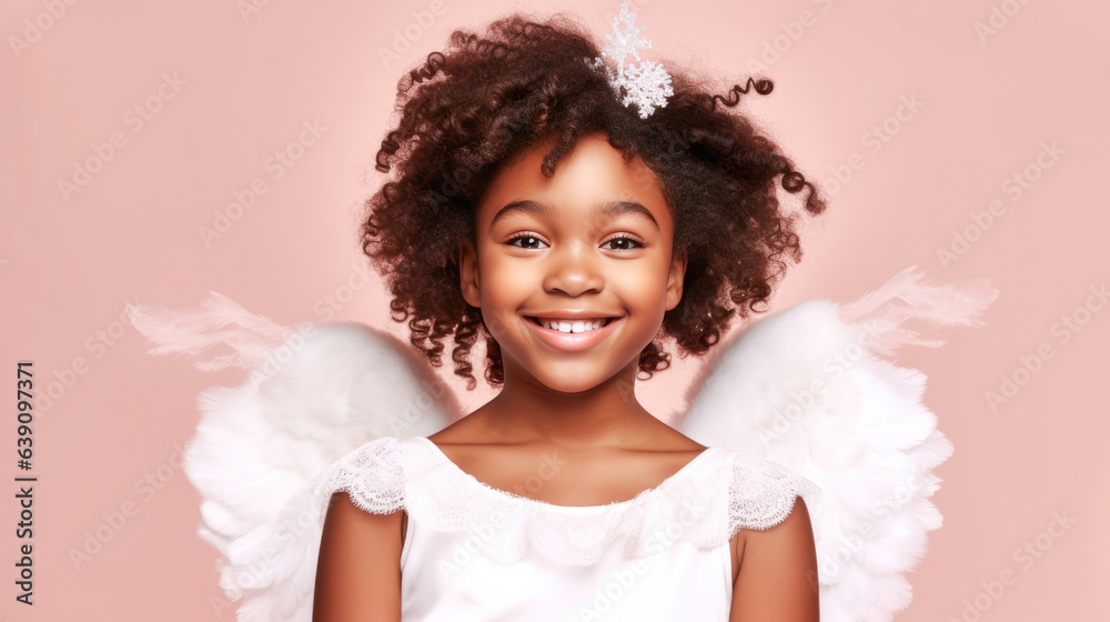 Cute african american girl in white angel halloween costume looking at camera and smiling over pink background. Happy Halloween. Trick or treat. Cute african american girl in white angel halloween costume looking at camera and smiling over pink background. Happy Halloween. Trick or treat.