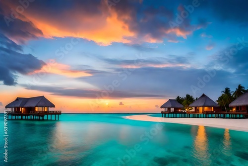 Fototapeta Naklejka Na Ścianę i Meble -  sunset on the beach, beach sunset, Amazing sunset panorama at Maldives. Luxury resort villas seascape with soft led lights under colorful sky. Beautiful twilight sky and colorful clouds. Beautiful sea