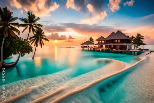 sunset on the beach, beach sunset, Amazing sunset panorama at Maldives. Luxury resort villas seascape with soft led lights under colorful sky. Beautiful twilight sky and colorful clouds. Beautiful sea © Mehram