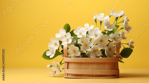 White flowers in wooden basket on yellow spring background 3D Rendering
