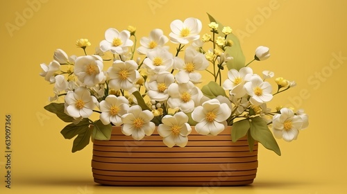 White flowers in wooden basket on yellow spring background 3D Rendering