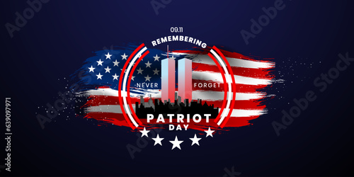 Patriot Day Background, September 11, United States flag, 911 memorial and Never Forget lettering, Vector conceptual illustration