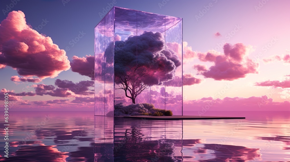 Fantasy world, futuristic fantasy with of the sky and pink clouds. Purple tree in transparent box for romance on surreal Beautiful Dream land background. Generated AI - obrazy, fototapety, plakaty 