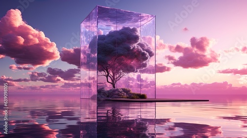 Fantasy world, futuristic fantasy with of the sky and pink clouds. Purple tree in transparent box for romance on surreal Beautiful Dream land background. Generated AI
