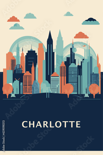 USA United States Charlotte city retro poster with abstract shapes of skyline, attractions and landmarks. Vintage cityscape travel vector illustration of North Carolina panorama