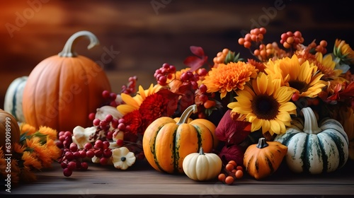 Bright background with beautiful thanksgiving decorating. Pumpkins with fruits  flowers  vegetables and leaves. AI generated