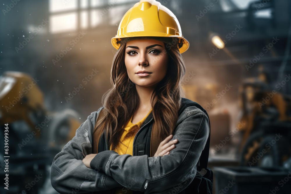 beautiful woman worker wearing a hat to prevent accidents, standing with her arms crossed