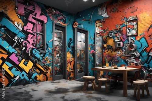  an edgy 3D rendering of a home wall transformed into a cinematic urban street art scene. © Ahtesham