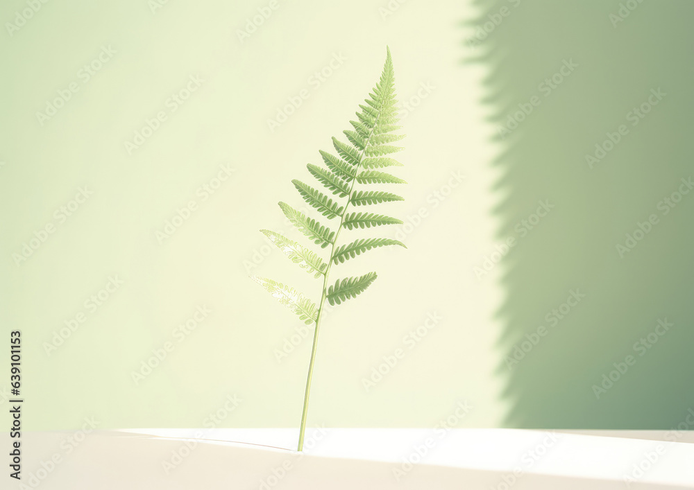Beautiful fragile New Zealand Fern branch and fond, on a clear background, with dappled light and shadows, and bright sunshine, shot on a macro lens. The fern branch casts a shadow on the wall. Beautiful fragile New Zealand Fern branch and fond, on a clear background, with dappled light and shadows, and bright sunshine, shot on a macro lens. The fern branch casts a shadow on the wall.