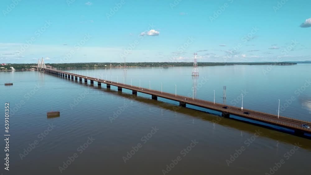 An aerial shot above the automobile bridge in Posadas, Misiones, Argentina. An aerial shot above the automobile bridge in Posadas, Misiones, Argentina.