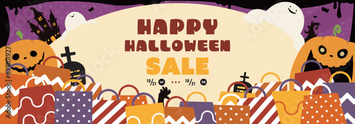 モンスターとショッピングバッグに囲まれたハッピーハロウィンセール広告バナーテンプレート（紫）　Happy Halloween Sale ad banner template with monsters and shopping bags (purple)