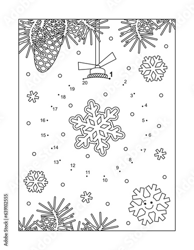 Christmas tree ball bauble ornament with a snowflake dot-to-dot game and coloring page activity sheet
