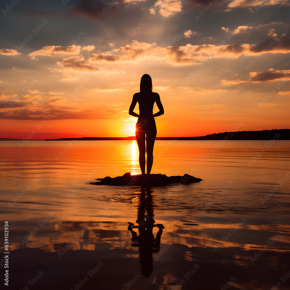silhouette woman doing yoga on the beach surrounded by orange clouds
