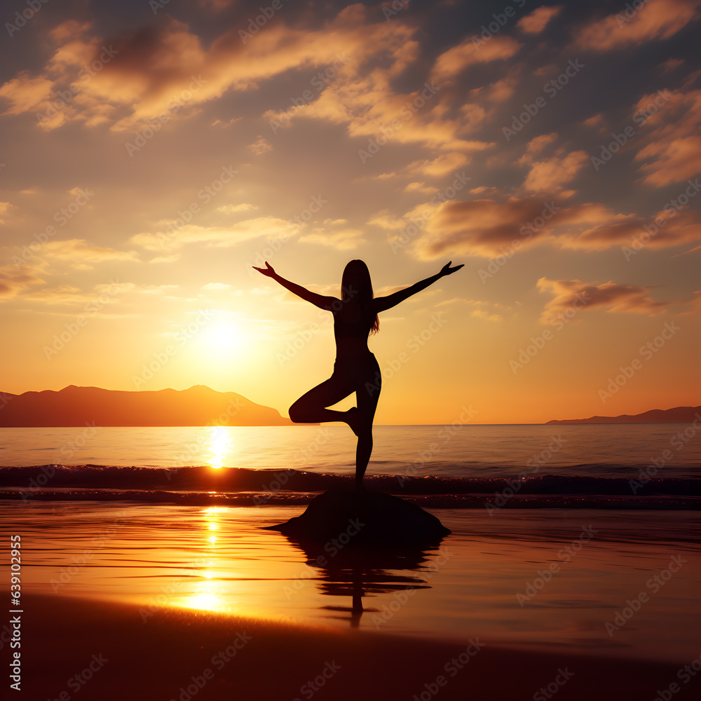 silhouette woman doing yoga on the beach surrounded by orange clouds
