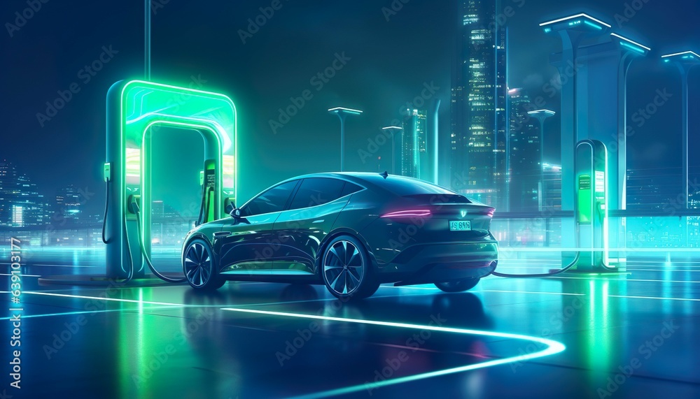 City gas station electric car charging neon element no harmful emission healthy environment. Eco concept City gas station electric car charging neon element no harmful emission healthy environment. Eco concept