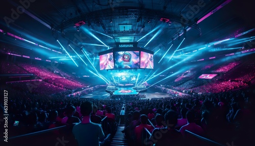 an e-sports event with many people in a neon stadium
