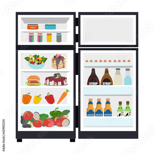 Refrigerator kept cool and used to store food and drink. Modern refrigerators generally make use of the cooling effect produced. The black refrigerator is full items.