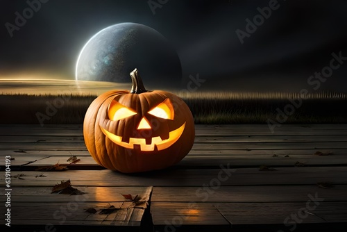 A scene exuding Halloween eeriness, presenting a carved pumpkin emitting an eerie radiance, contrasting against aged wooden planks