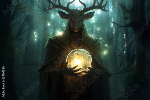 A surreal forest guardian holding an energy globe of light. A mythical creature amidst a mystic forest background. Horned Sambar Deer-Faced Creature.