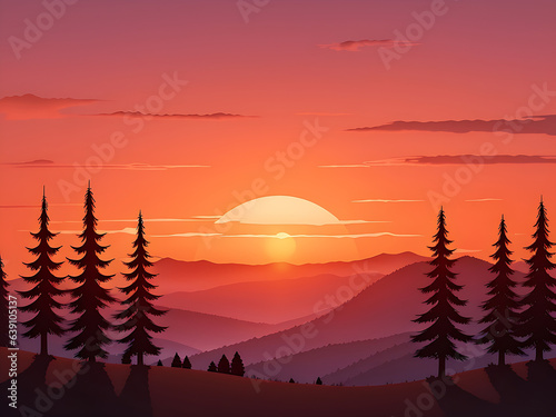 Sunset and silhouettes of trees in the mountains background  ai generated